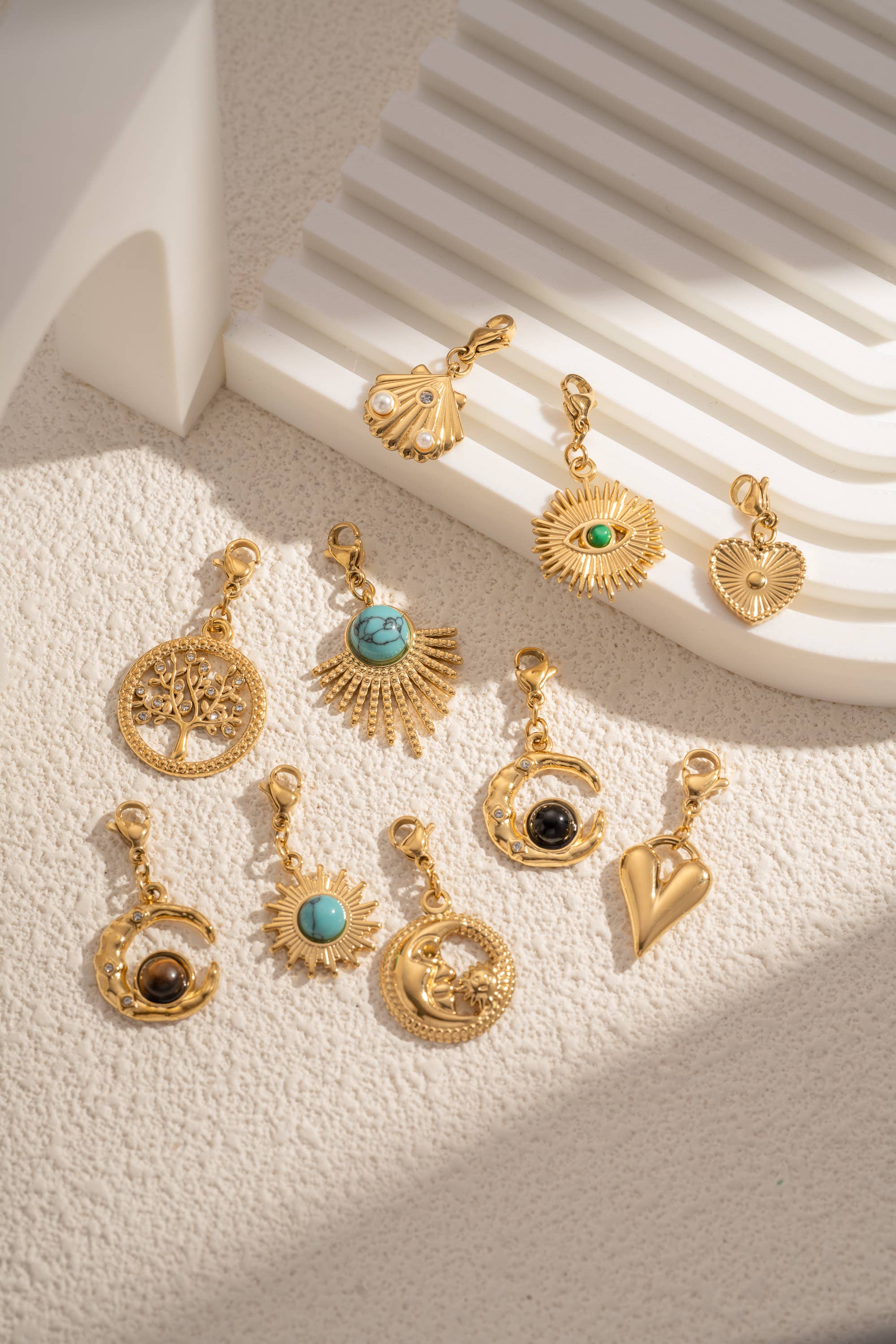 COSMOS - Wholesale Individual Charm/Pendant - Set of 10 Gold Charms Natural Stones Stainless Steel