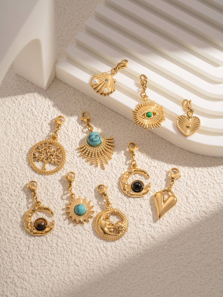 Set of 10 Gold Charms Natural Stones Stainless Steel for wholesale by COSMOS