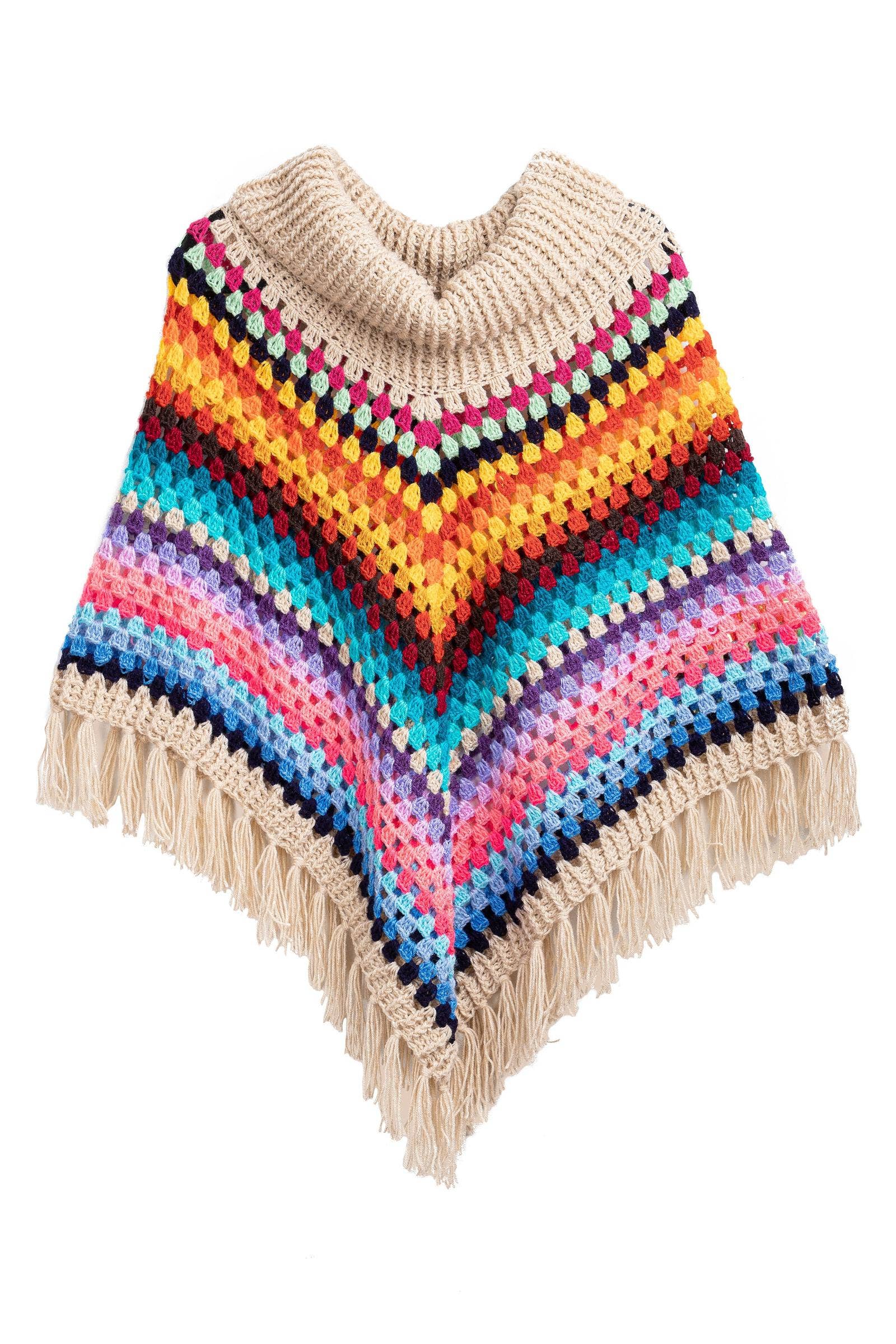 SAACHI - Wholesale Poncho - Dames - Regenboog gehaakte coltrui poncho4