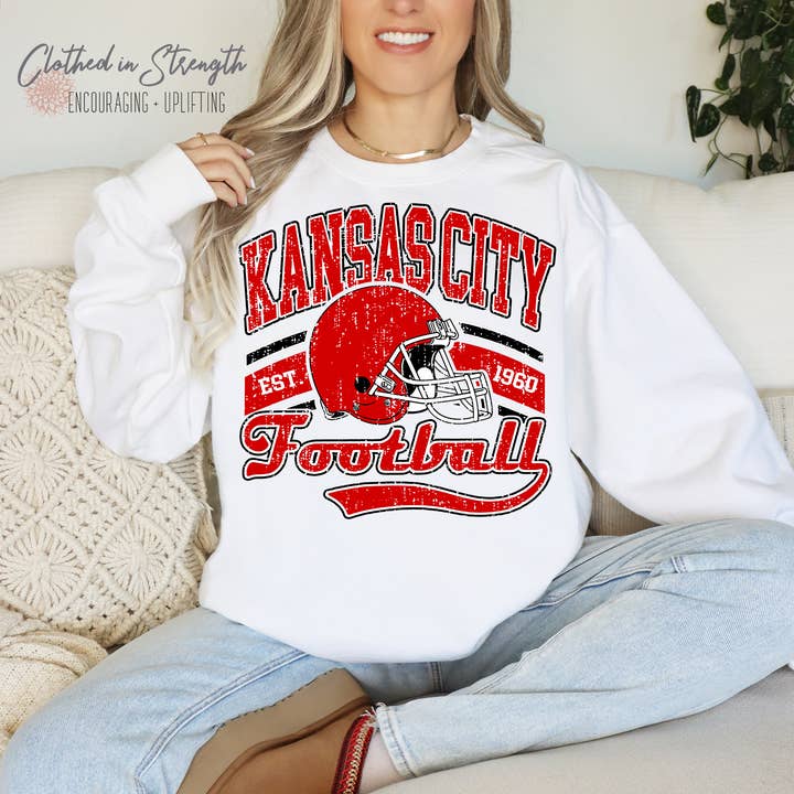 Kansas City Football Vintage Style Crewneck Sweatshirt for wholesale by Clothed in Strength