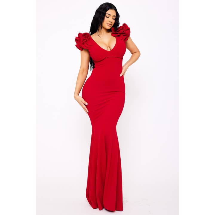 Maxi abito in crêpe techno con volant per la vendita all'ingrosso da parte di DORCAS