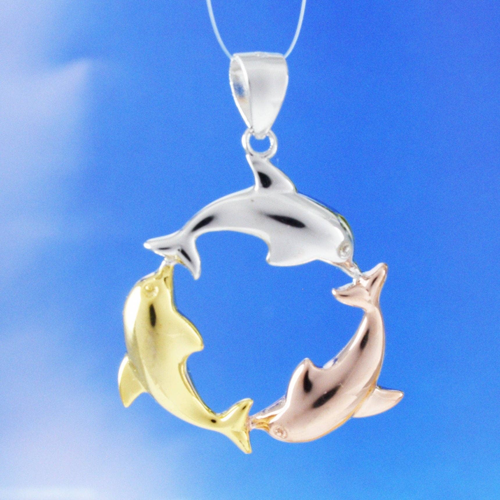 Paradise Treasures Jewelry - Wholesale Individual Charm/Pendant - Hawaiian Tri-color 3 Dolphin Pendant, Sterling Silver 3-Tone Dolphin Charm Pendant, Christmas Anniversary Birthday Mom Gift1