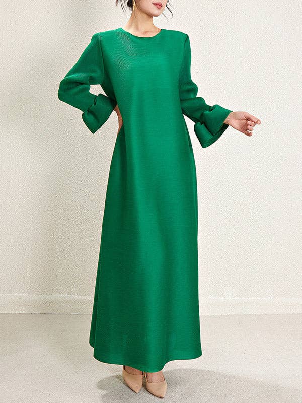 Sheer Trend - Wholesale Dress - Women's - A-Line Loose Pleated Solid Color Round-Neck Maxi Dresses3