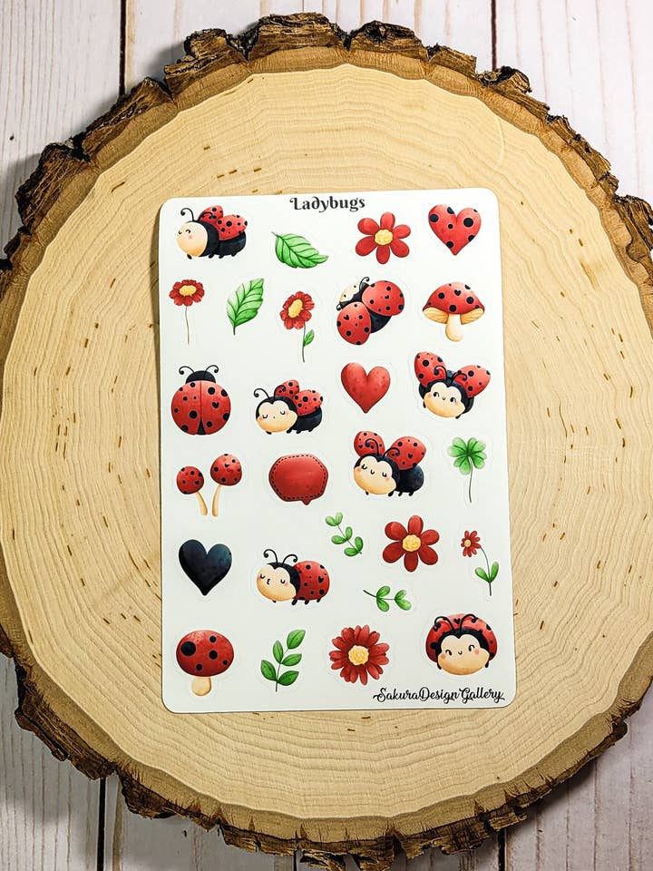 Feuille d'autocollants coccinelles – Autocollants pour planificateur et album de scrapbooking pour la vente par Sakura Design Gallery