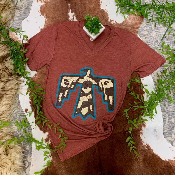 Cowprint Thunderbird V-Neck for wholesale by The Glittered Pig