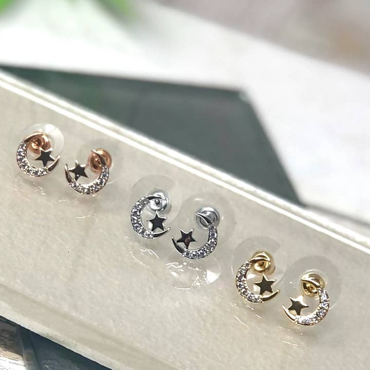 Lovethelinks Ltd - Wholesale Stud/Post Earrings - Moon & Stars Sparkly Earrings