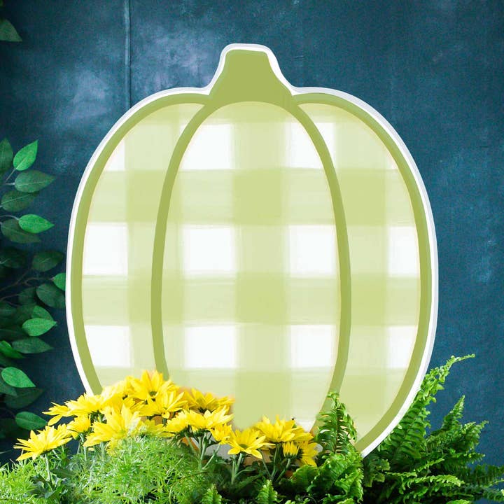 Light Green Gingham Pumpkin Garden Stake for wholesale by Songbird Grove Collection