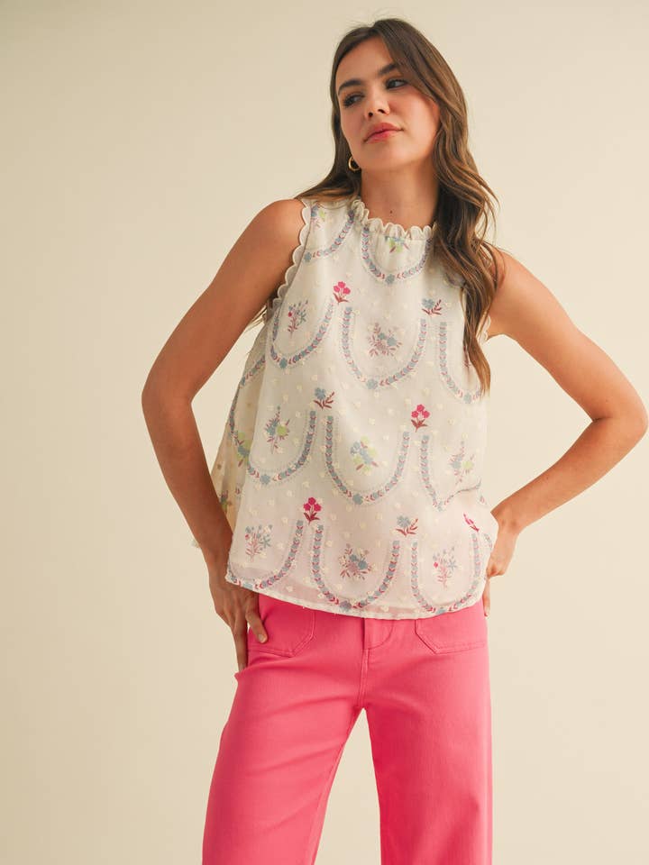 &MERCI - Wholesale Blouse - Women's - FLORAL EMBROIDERY BABYDOLL TOP MTP4006