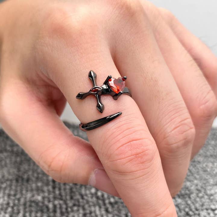 Gothic Inlay Heart CZ Cross Adjustable Black Ring - GT for wholesale by Mio Queena