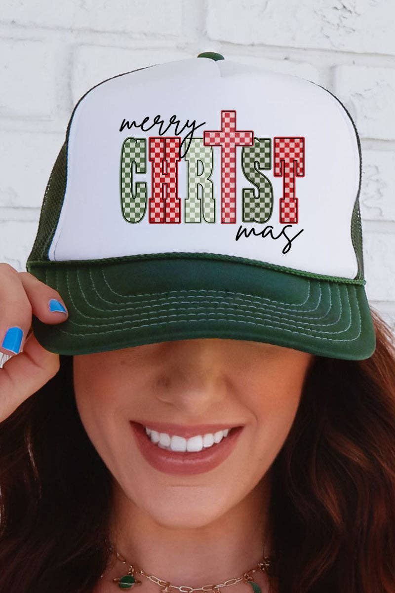 Wholesale Accessory Market - Wholesale Trucker Hat - Women's - Checkered Merry CHRISTmas Otto Dark Green with White Foam Front Trucker Hat0
