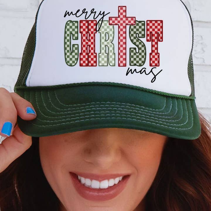 Wholesale Accessory Market - Wholesale Trucker Hat - Women's - Checkered Merry CHRISTmas Otto Dark Green with White Foam Front Trucker Hat0