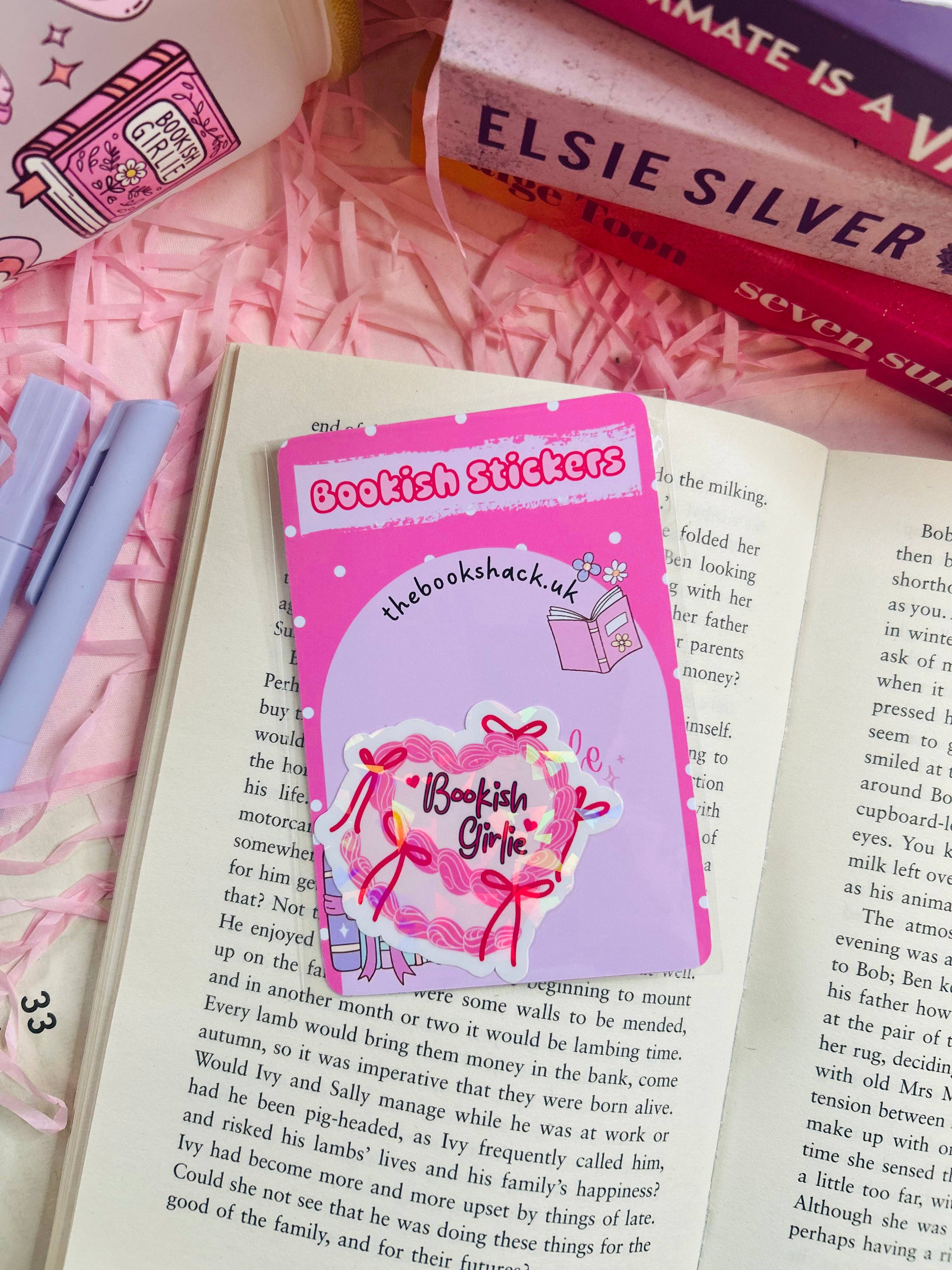 TheBookShack – wholesale Sticker – Holographic "Bookish Girlie" Vinyl Sticker – Pink Bow Design2