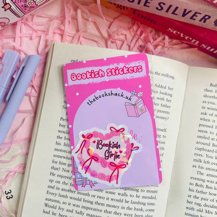 TheBookShack – wholesale Sticker – Holographic "Bookish Girlie" Vinyl Sticker – Pink Bow Design2