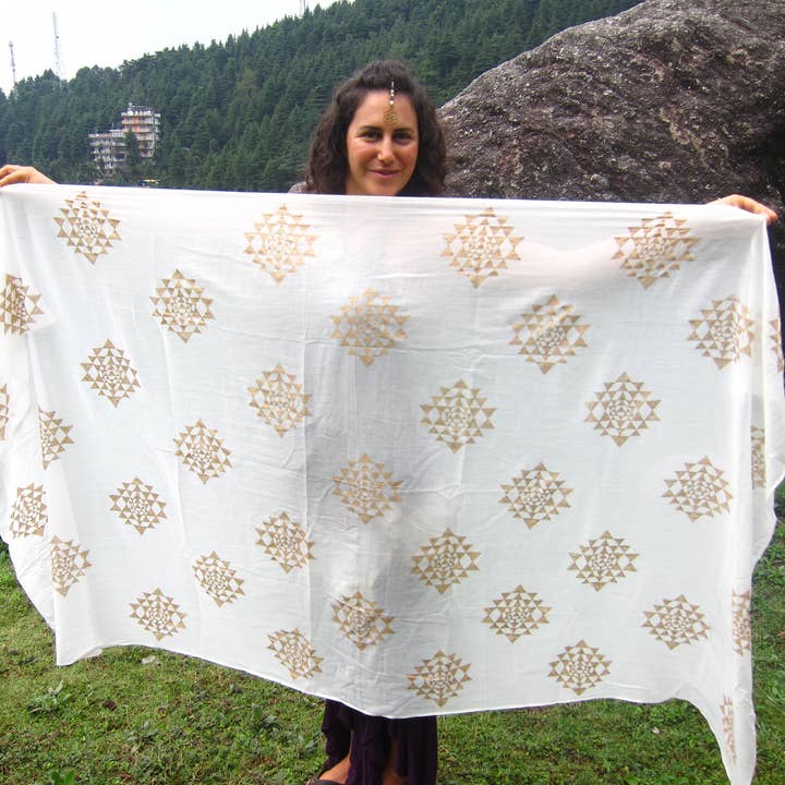 JAYA MOKSHA - Wholesale Scarf - Women's - Ivory Sri Yantra Scarf / Meditation /Wedding / Bridal Shawl4