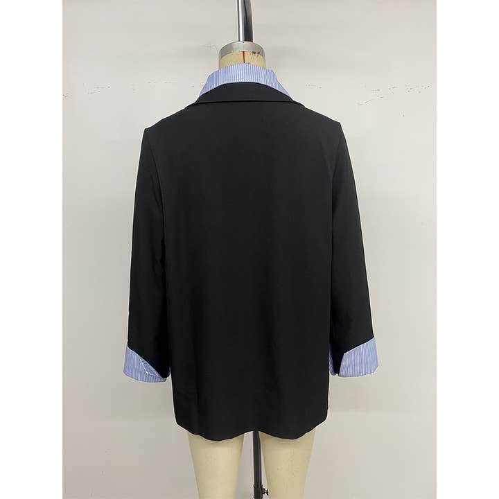 Black Casual Striped Shirt Patchwork Two-in-One Blazer BFZY1757 for wholesale on Faire6
