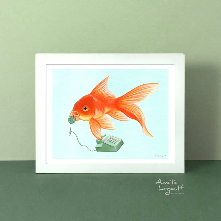 Goldfish on the Phone Art Print for wholesale by Sardines Studio