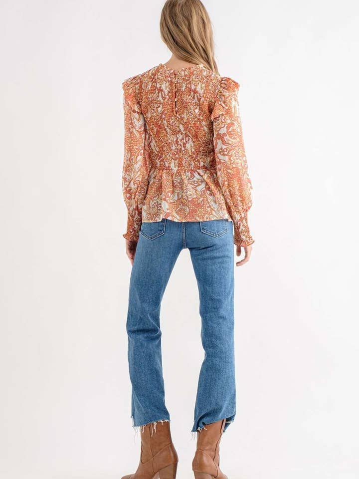 Rust Floral Top With Long Sleeve for wholesale on Faire11