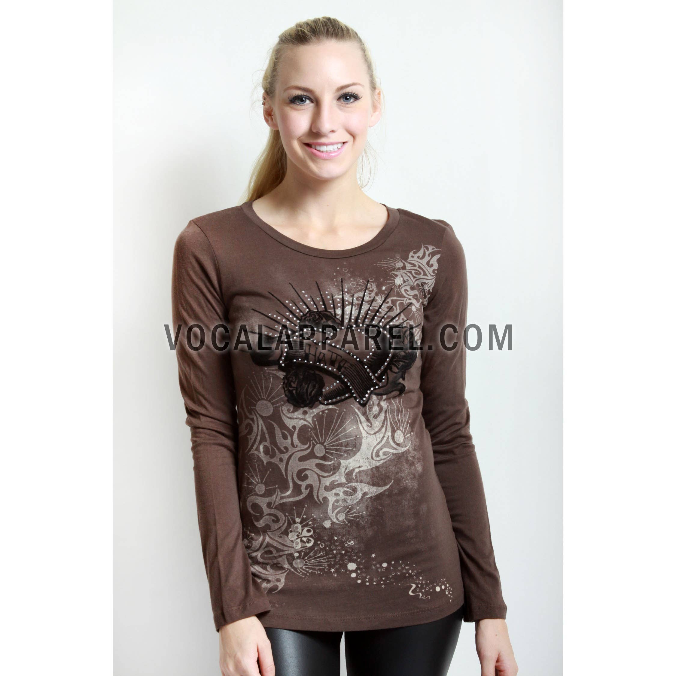VOCAL - Wholesale Blouse - Women's - PRINTED RHINESTONE LONG SLEEVE KNIT TOP0