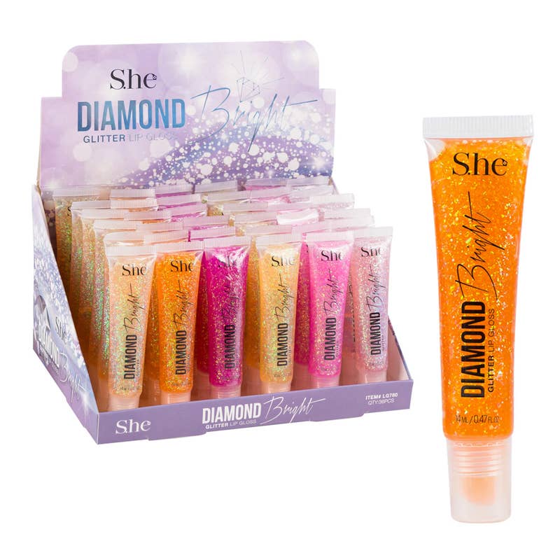 Deluxe Import Trading - Wholesale Lip Gloss - SHE DIAMOND BRIGHT GLITTER LIP GLOSS - 0.47OZ ASSORTED COLOR0