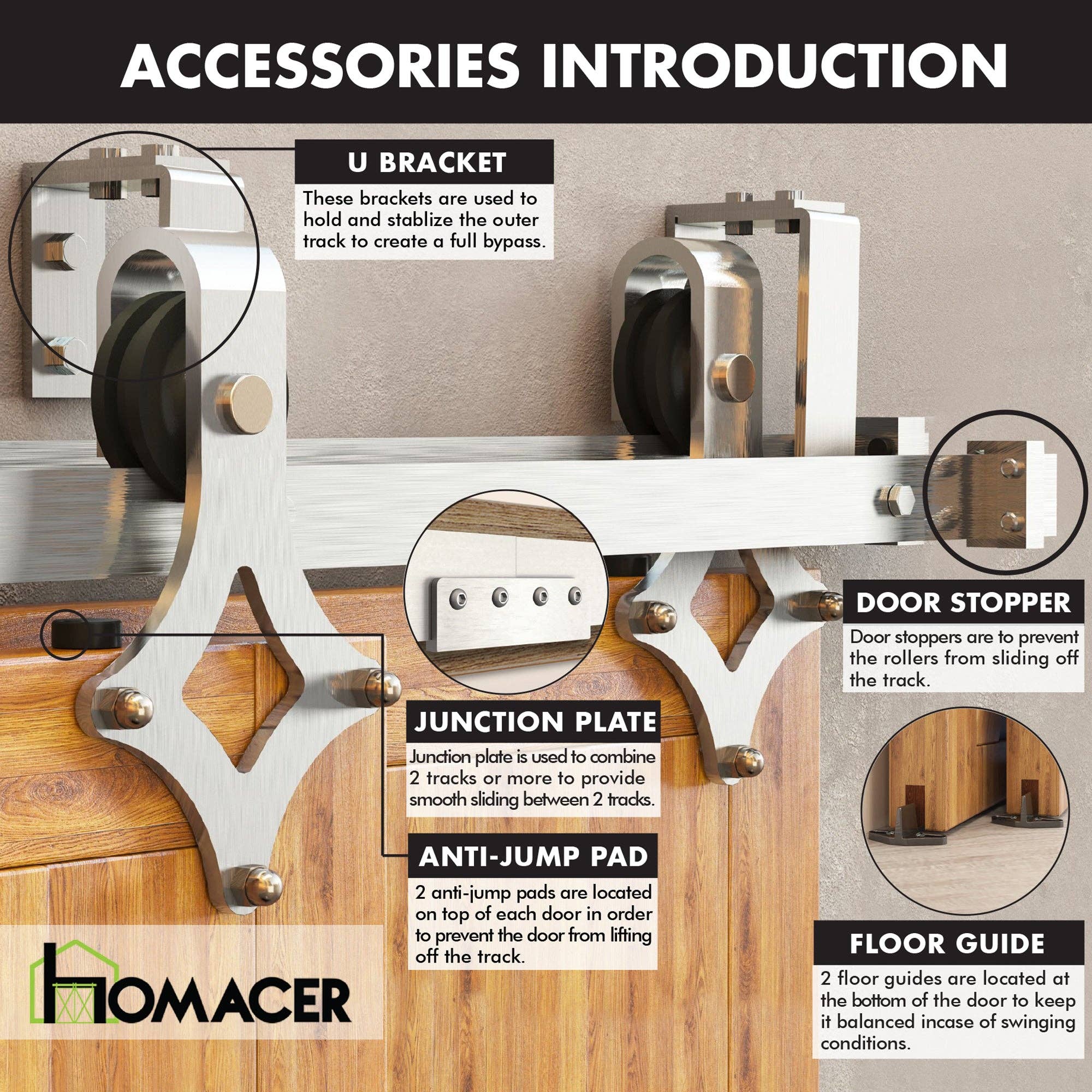 Homacer INC - Wholesale Knob/Pull - Double Track U-Shape Bypass Sliding Barn Door Hardware Kit - Diamond Design Roller6