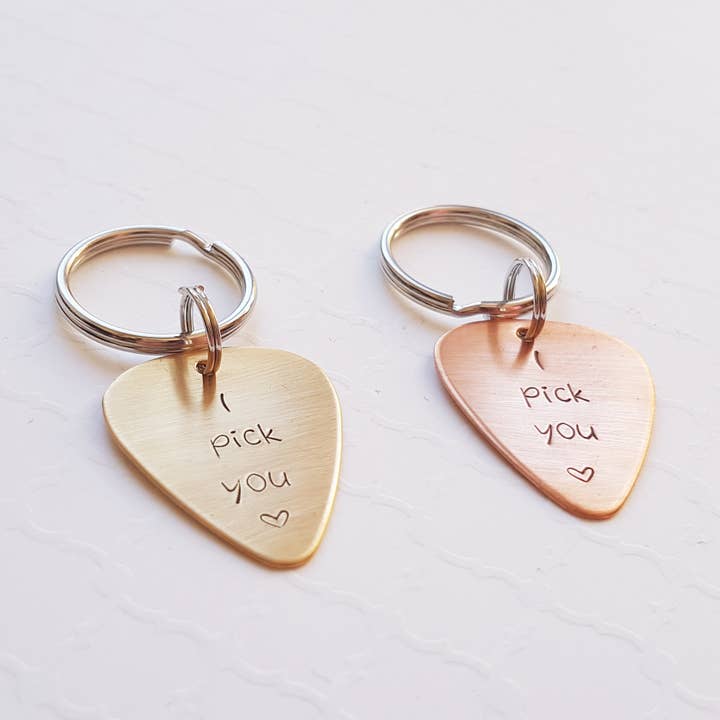 Anniversary guitar pick keychain for wholesale by Resistance Jewelry