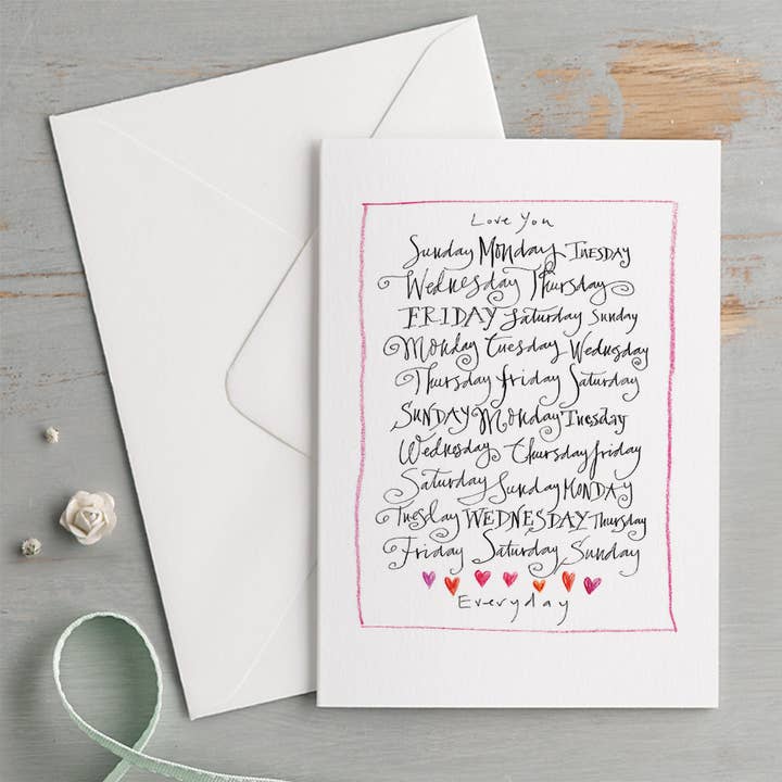 'Love You Everyday' Leuke kalligrafie liefdeskaart voor wholesale door Gabrielle Solly Illustration