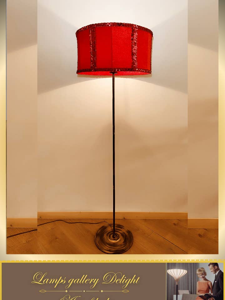 Floor lamp, art deco lamp, red lamp, fabric shade, handmade home lamp. 5802 for wholesale by DelightLamps