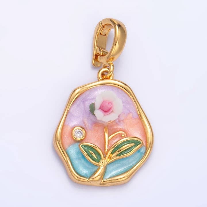 24K Gold Filled Multicolor Enamel Pastel Flower Stamped Snap Latch Bail Pendant | AA1020 for wholesale by Aim Eternal