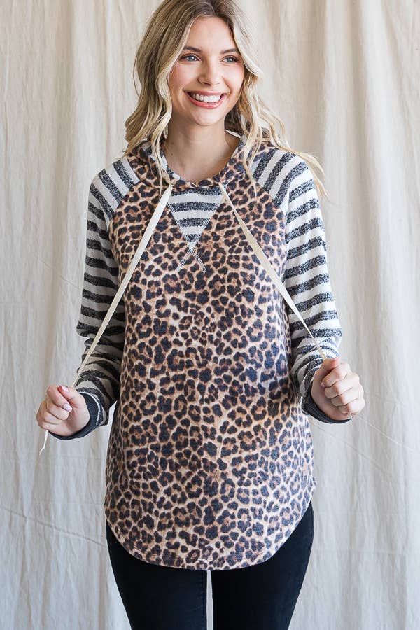 7th Ray – Großhandel Hoodie – Damen – Leopardenstreifen Ärmel Kordelzug Kapuzenpullover T443618