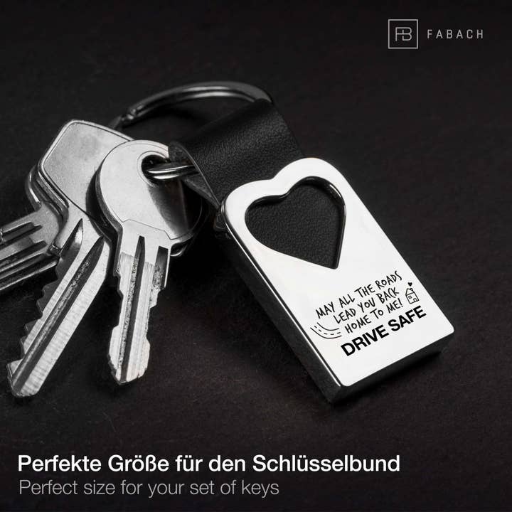 FABACH – Die Schlüsselanhänger-Schmiede – Großhandel Schlüsselanhänger – Unisex – "May all the roads lead you back home to me" Herz-Schlüsselanhänger mit Gravur aus Leder