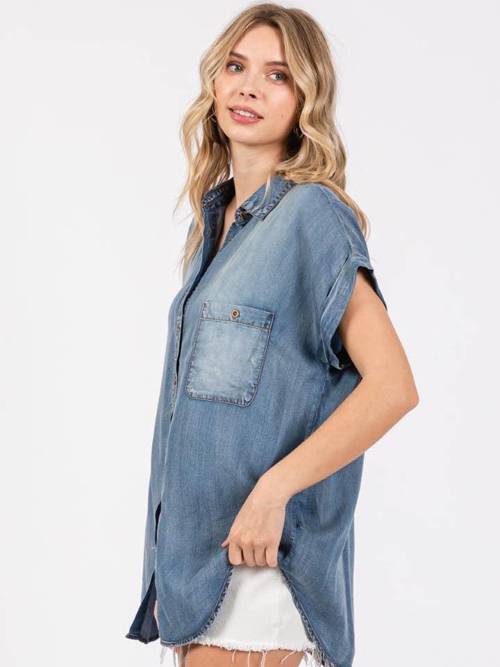 ZiA Apparel - Wholesale Button Down Shirt - Women's - Washed Roll Up Short Sleeve Shirt
