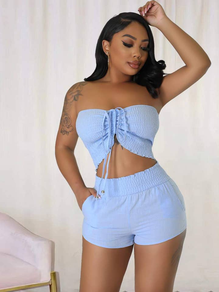 off shoulder frill trim crop top knot front shorts for wholesale by Fashion Combination