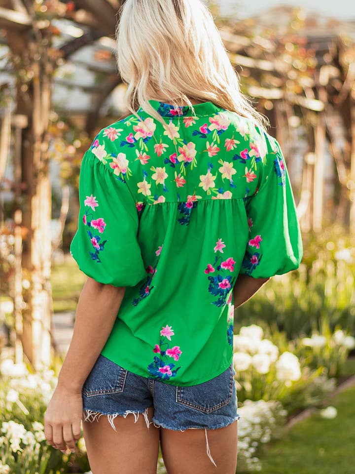 Green Ayah Floral Tie Split Neck Short Sleeve Blouse for wholesale on Faire1