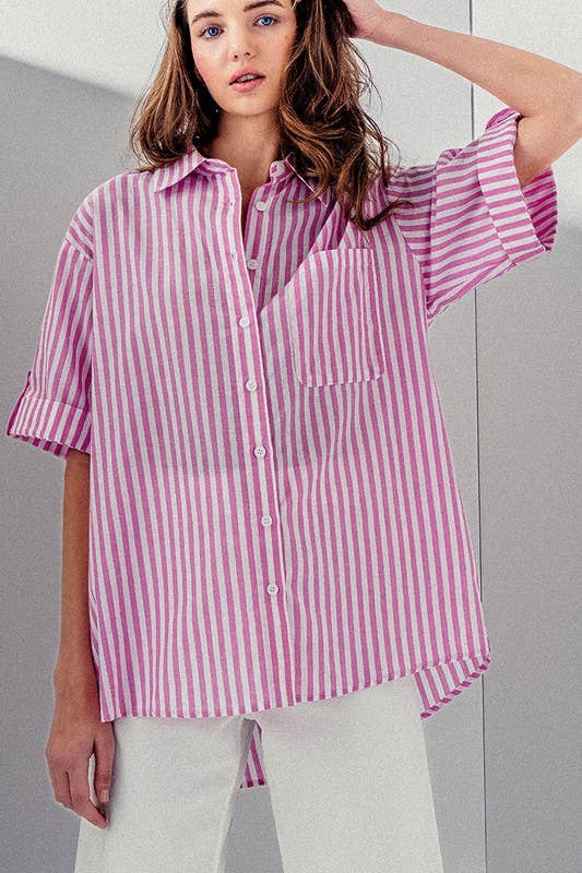 Pink BUTTON DOWN HIGH LOW STRIPE SHIRT for wholesale on Faire2
