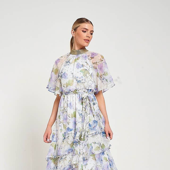 Kelda White Floral Print Midi Dress for wholesale by Frock & Frill