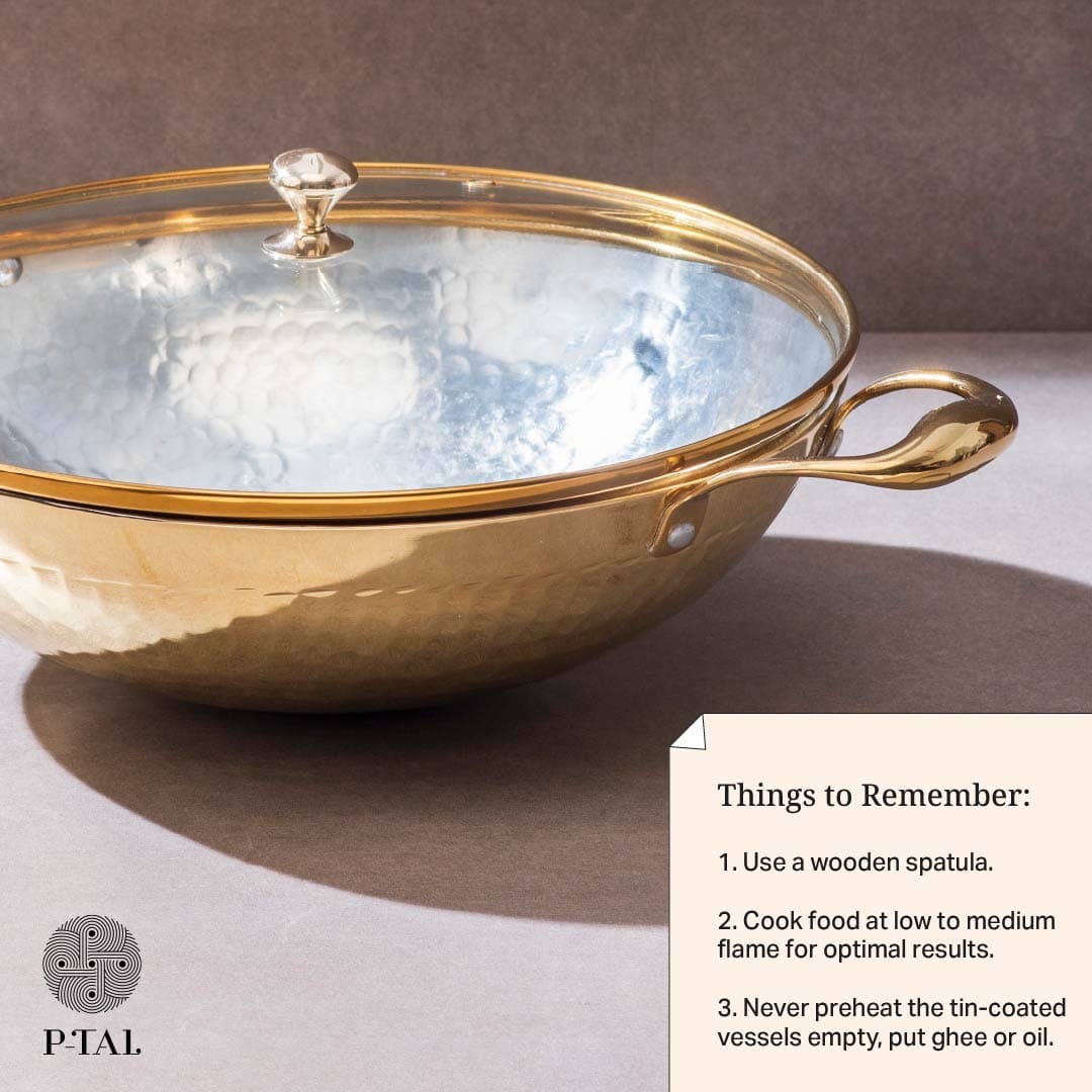 P-TAL – wholesale Cookware set – Brass Essentials Combo Set (Brass Roti Tawa with Insulated handle, Brass Ghee Pot, Brass Kadhai with Insulated handles & Glass lid)14