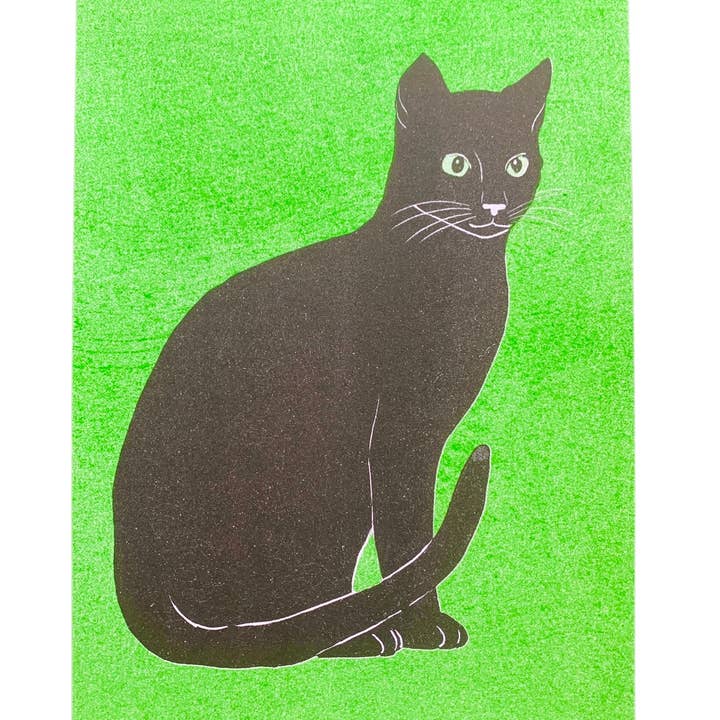 Risograph Print - Black Cat on Green 5x7" for wholesale by StitchPrism