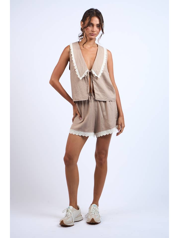 Sky to Moon - Wholesale Top & Short Set (NOT Loungewear) - Women's - WIDE COLLARED FRONT TIE LACE TRIM TOP & SHORTS SET4