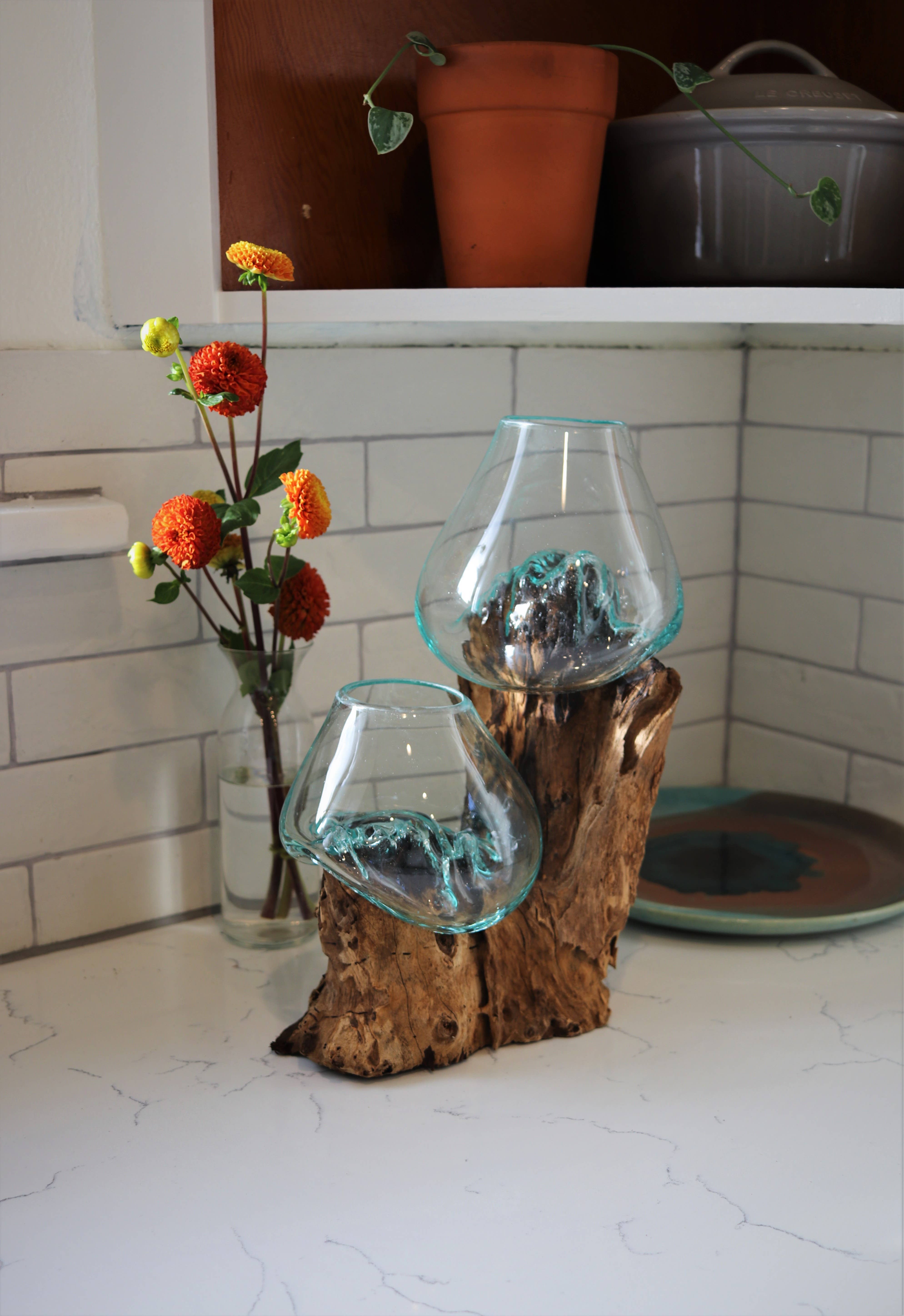 Cohasset Gifts - Wholesale Decorative Tabletop Object - 12" Tall Wood Double with (2) 15cm Cohasset Molten Glass2