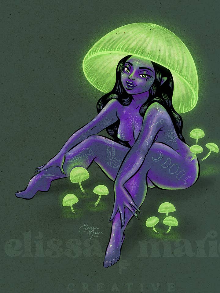 Green Pepe Mushroom Pinup 8x10 Art Print | fungi | cosmic for wholesale by Elissa Marie Creative
