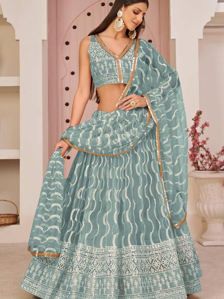 Sky Blue Net Lehenga Choli For Indian & Pakistani Wedding Festival - Zari Work, Sequins & Thread Embroidery Work for wholesale by HATKE BRIDE