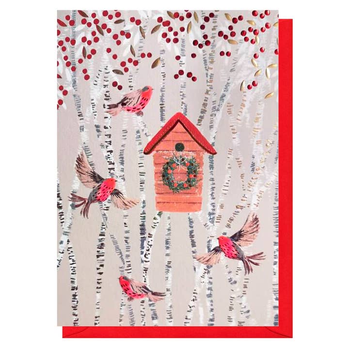 Robins Wreath Christmas Card | Holiday Card | Seasonal Card for wholesale by Louise Tiler