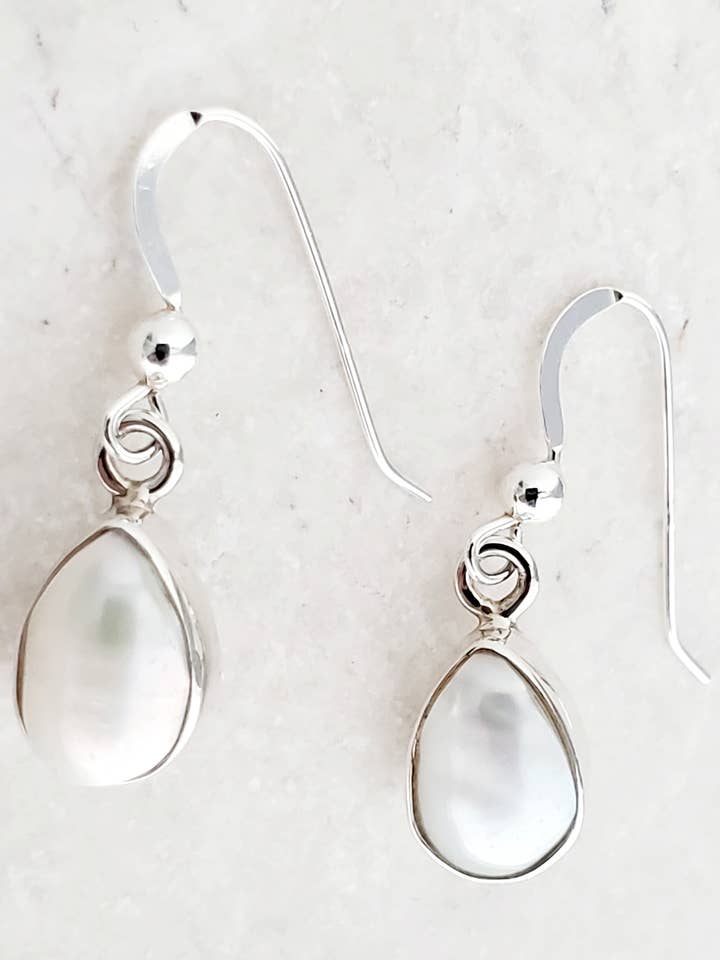 Sterling Silver Bezeled Teardrop Earring - Pearl for wholesale by Sosie Designs