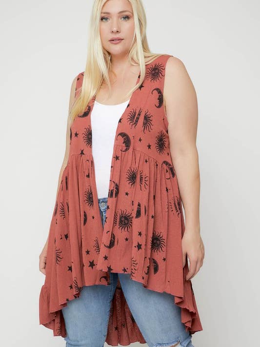 Cardigan sans manches Taille Plus Urban X avec imprimé soleil/lune pour la vente par Urban X Apparel