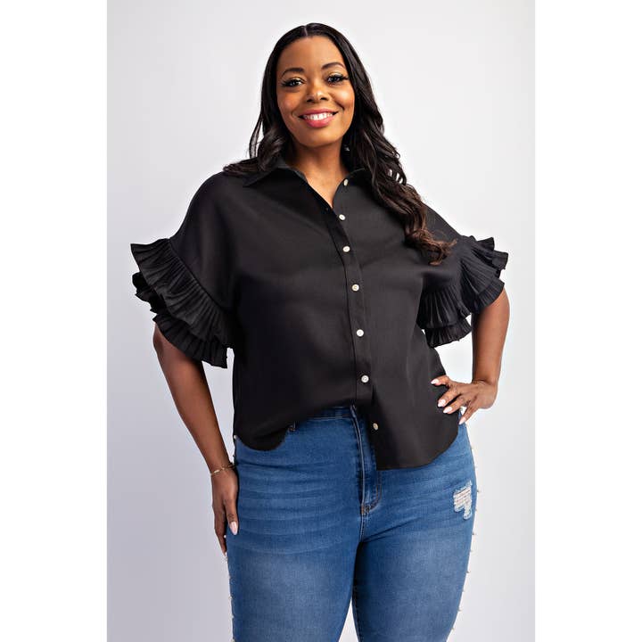 PLUS SIZE PLEATED RUFFLE SLEEVE SHIRT TOP for wholesale by The Curve LA
