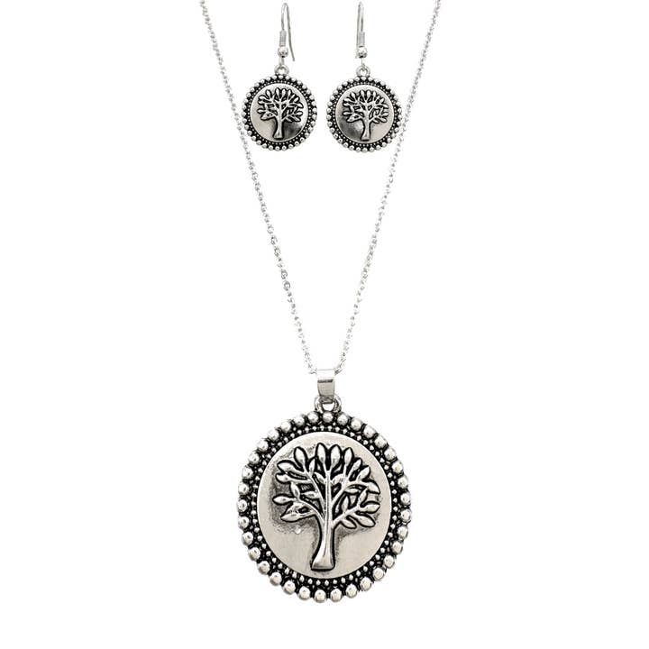 Tree Circle Pendant Necklace Earrings Set for wholesale by Lunar Deer