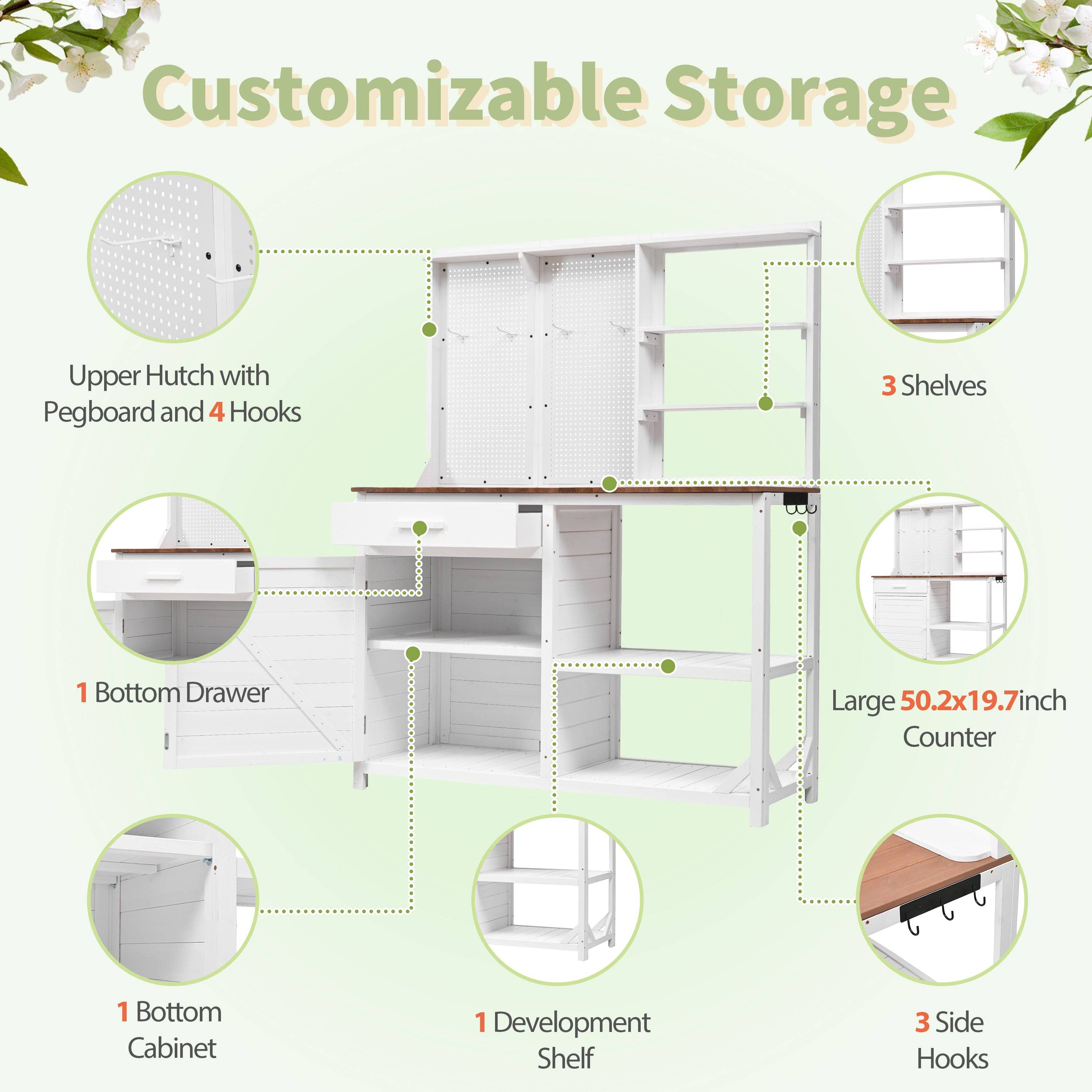 39F Inc. - Vente Bibelots/décorations d'extérieur - Banc de rempotage en bois de sapin blanc avec crédence, poste de travail de jardin5