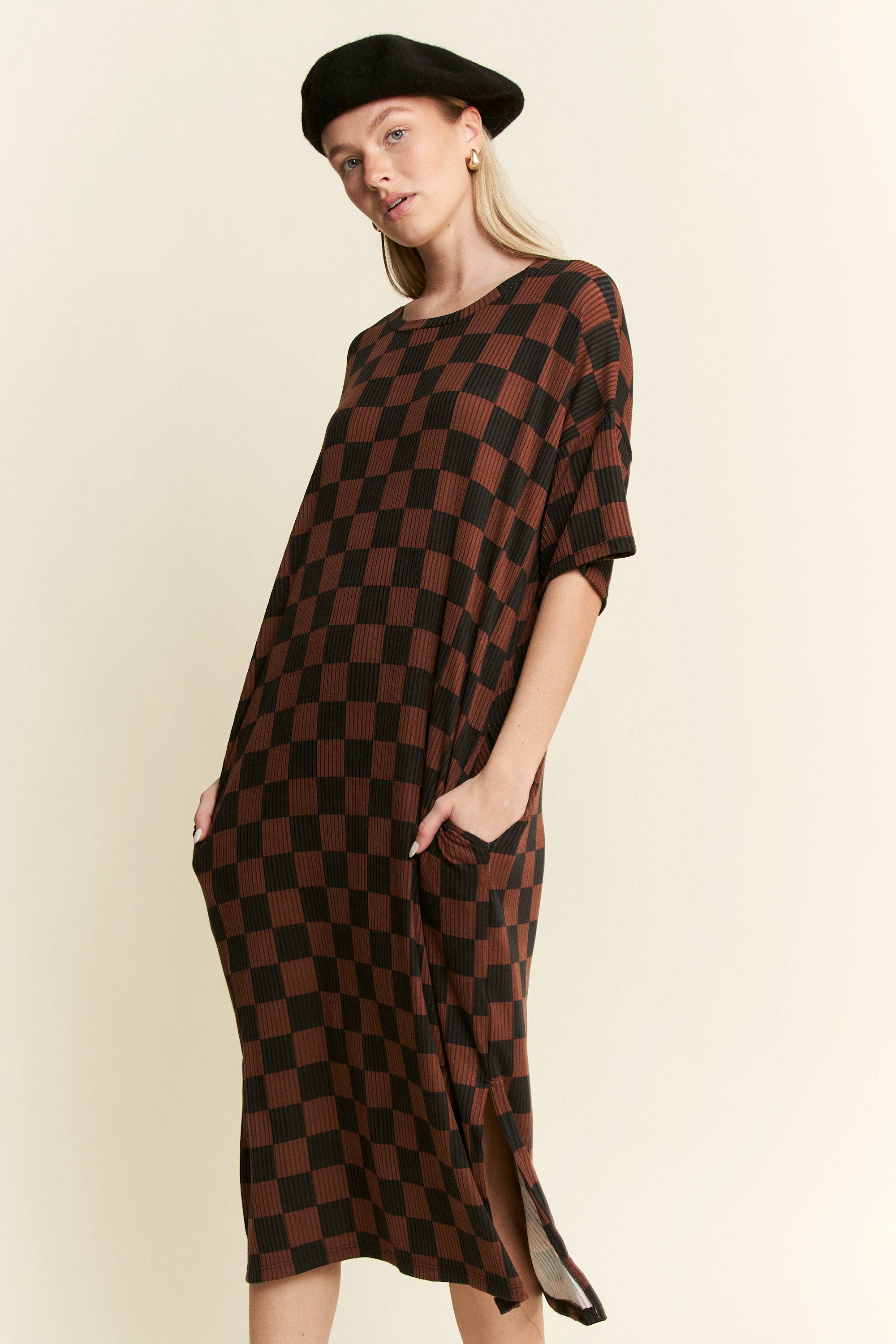 JADE BY JANE – wholesale Dress – Women's – 1/2 SLEEVE RIBBED CHECKERBOARD MIDI DRESS11
