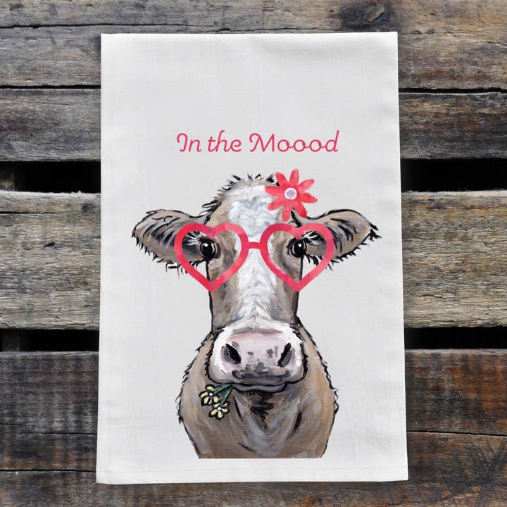 Valentine's Day Cow Flour Sack, Farmhouse Tea Towel for wholesale by Hippie Hound Studios