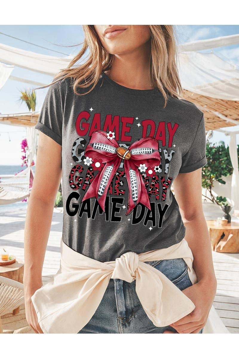 COLORBEAR - Wholesale T-Shirt (Graphic) - Women's - Red Silver Football Game Day Bow Heavy Cotton Tee1